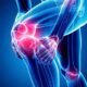 Illustration showing knee joint pain with highlighted red inflammation in the knee area.